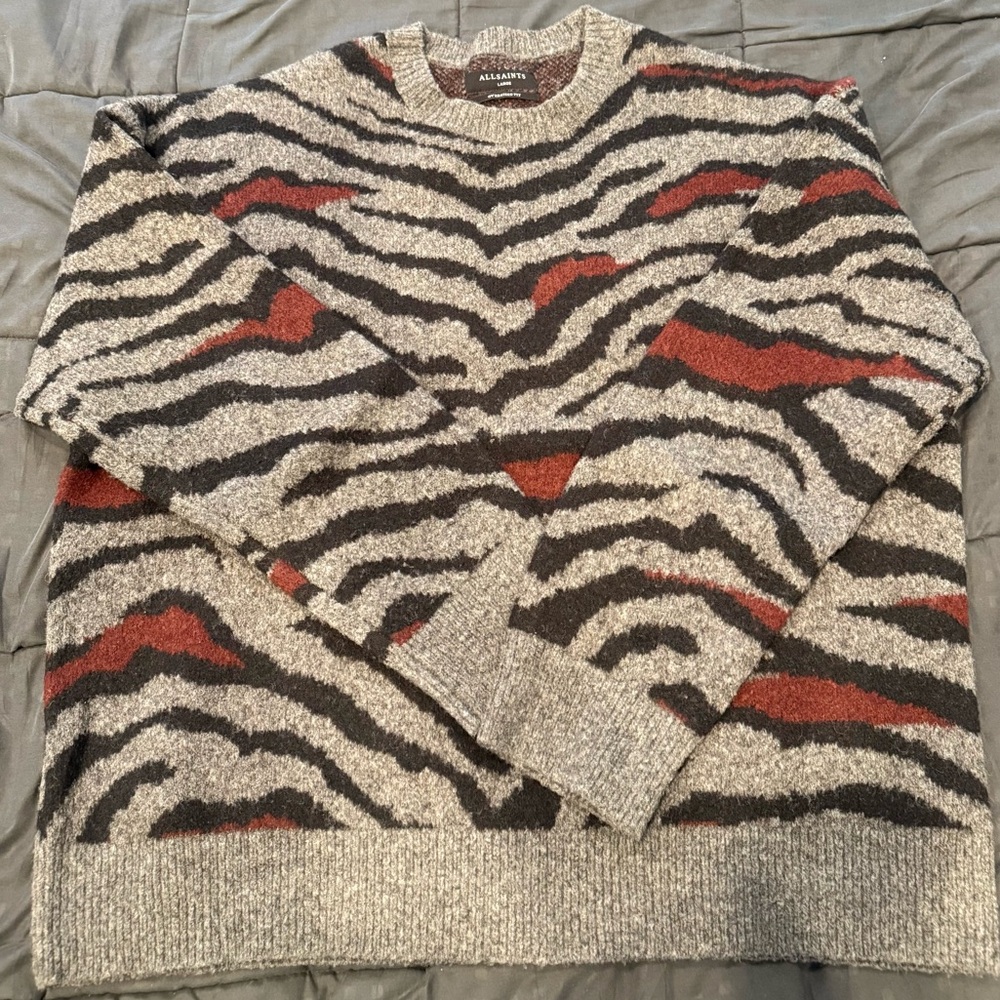 All Saints Gray, Black, and Red Patterned Crewneck Sweater